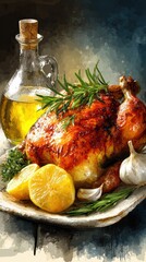 Delicious roasted chicken with herbs and lemon served with olive oil and garlic on a rustic plate