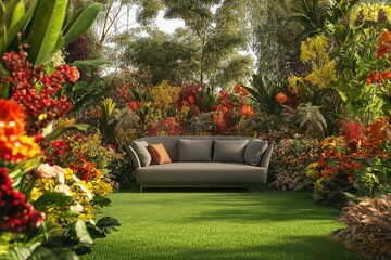 An elegant garden space with a comfortable gray sofa on a lush lawn, framed by tall, leafy trees and colorful flower arrangements, creating a relaxing outdoor haven.