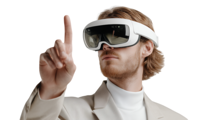 Young Person In Beige Outfit Interacting With Virtual Reality Headset Against Transparent Background