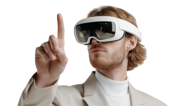 Young Person In Beige Outfit Interacting With Virtual Reality Headset Against Transparent Background