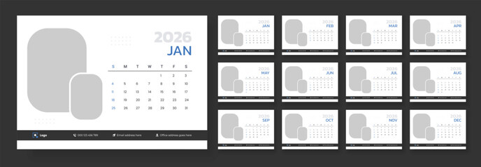 New Year 2026 desk calendar. Desk Calendar 2026 template. Calendar template for 2026 with week start on Sunday.