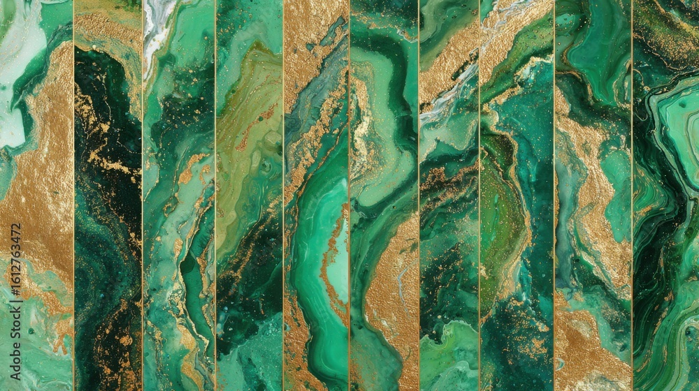 Poster intricate green and gold patterns display a fascinating mix of marbling techniques. the artwork feat