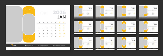 New Year 2026 desk calendar. Desk Calendar 2026 template. Calendar template for 2026 with week start on Sunday.