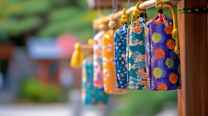 Colorful Fabric Bags with Traditional Floral Patterns Hanging on Wooden Rack at Outdoor Market or Cultural Event