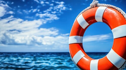 Vibrant ocean scene with bright orange and white lifebuoy floating against deep blue sea and a clear sky with fluffy white clouds