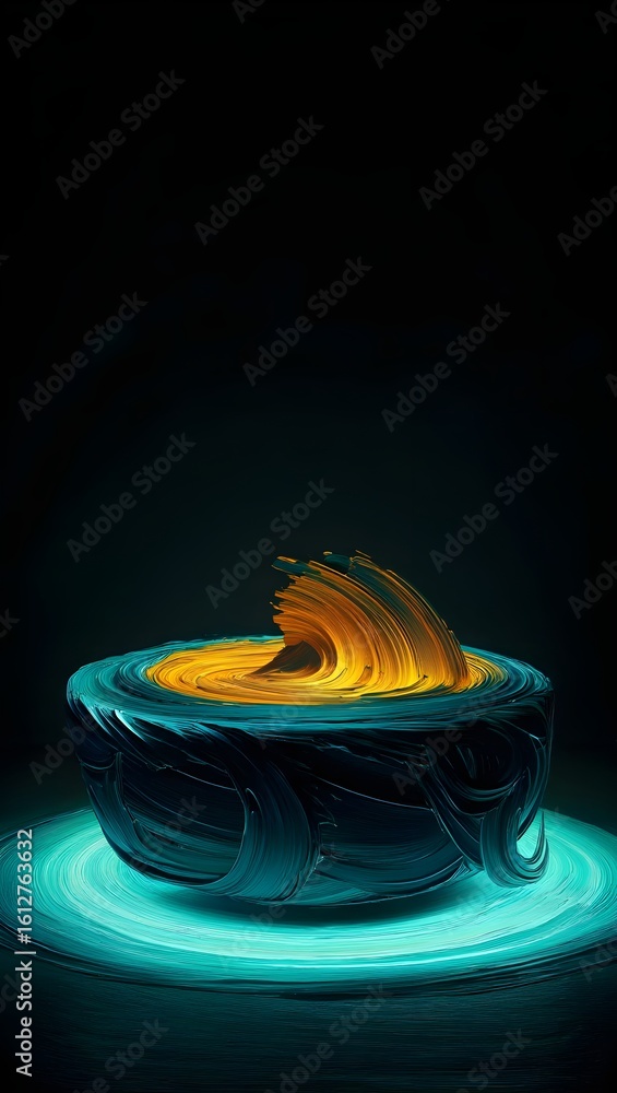 Poster abstract 3d digital art of a teal and gold swirling wave-like form resting on a glowing teal circula