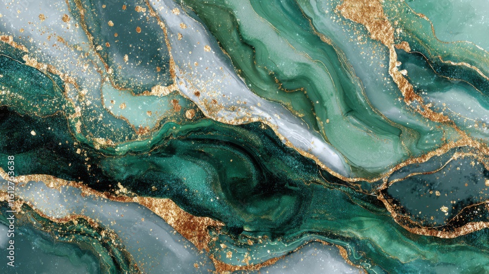 Poster this artwork features intricate patterns of green and white marble with hints of gold. the flowing l