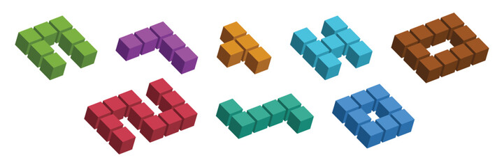 Isometric simple geometric shapes isolated on white background. Different color cubes. Flat design. Color vector isometric illustration.