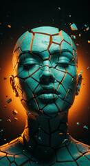 cracked sculpture of a woman illuminated with green light . Generative AI