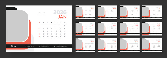 Desk Calendar 2026 template. Calendar template for 2026 with week start on Sunday. Planner simple, Stationery, printing media, vector.