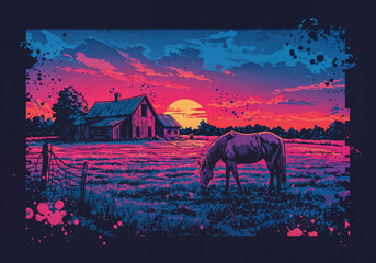 neon art rural landscape with horse grazing in meadow in neon sunset . Generative AI