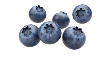 Six Fresh Detailed Blueberries with StarShaped Calyxes and Subtle Textures.