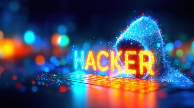 Bright neon hacker text with digital particles and glitch effects in a futuristic cyber theme for cybersecurity or hacking concept imagery