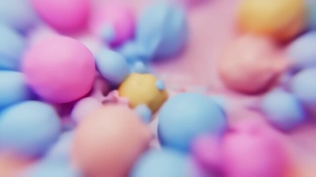Colorful pastel spheres rolling and bouncing on soft pink surface with smooth motion and vibrant lighting
