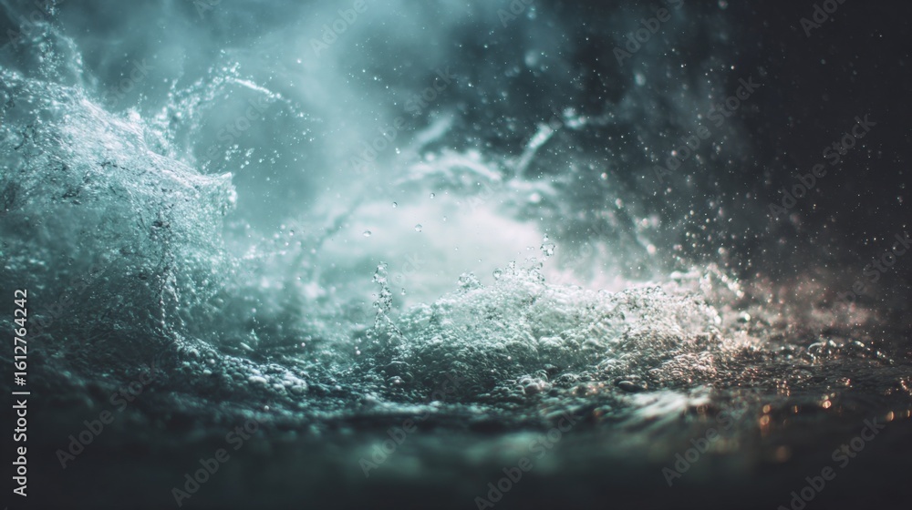 Poster close-up of splatte water with splash and droplets in motion under dark background for nature and li