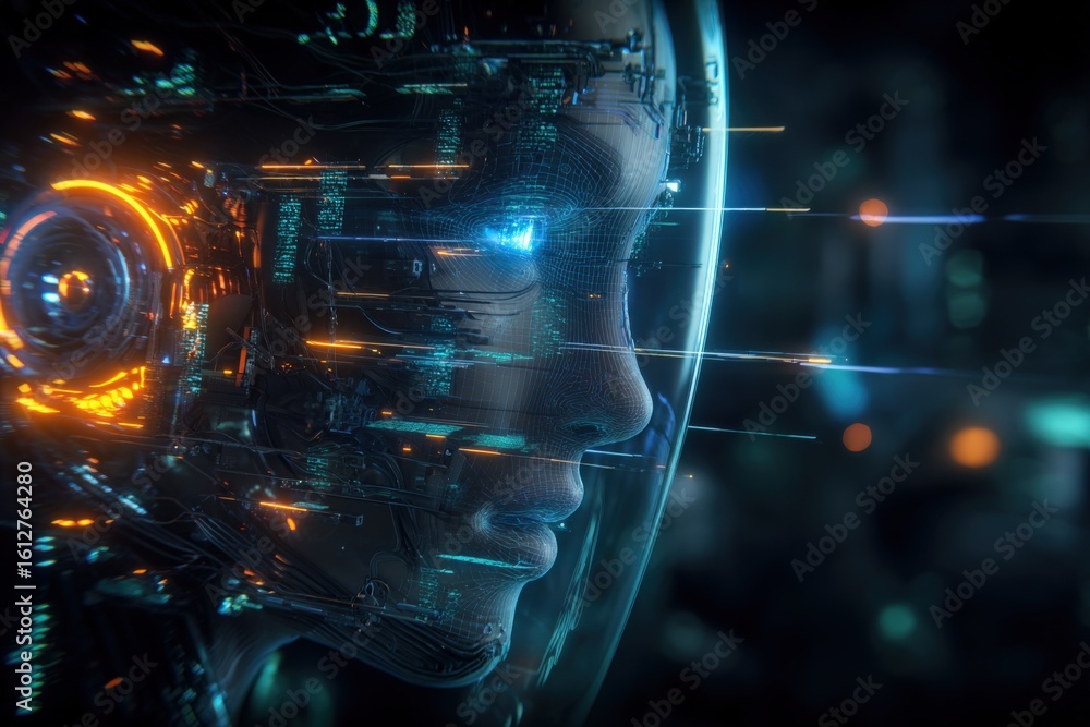 Poster futuristic human face with digital circuitry and tech elements showing artificial ligence concept an