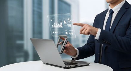 businessman working on laptop computer with virtual icon of graph and chart. AI generative image