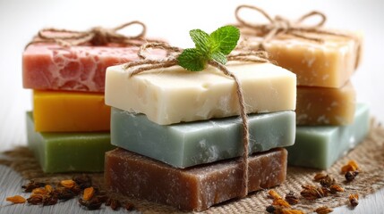 Assorted Handmade Natural Soap Bars in Various Colors and Scents Piled in Rustic Setting with Mint Leaf and Dried Herbs for Skincare