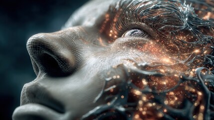 Highly detailed and surreal digital artwork of a futuristic human face with glowing elements, abstract patterns, and advanced technological details