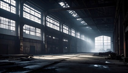 Sunbeams illuminate a large, empty, and dilapidated industrial space