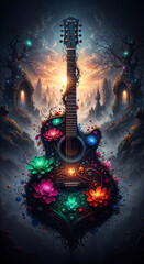 surreal art with guitar and flowers . Generative AI