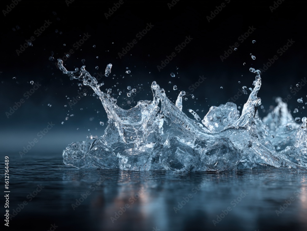 Poster dynamic close-up of water splash crashing onto surface creating droplets and ripples with reflection