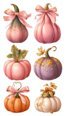 Decorative pumpkins with ribbons in pastel colors, showcasing autumn themes and seasonal celebrations