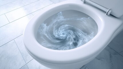 Modern white ceramic toilet bowl with swirling water flushing mechanism in a clean bathroom setting with tiled floor and minimal design