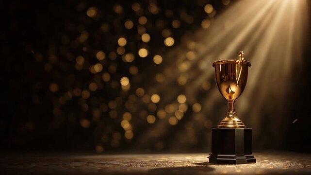 Gold cup sports trophy on gold background with flying shiny confetti. Gold winner trophy, success in sports competition, champion symbol