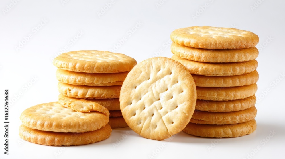 Poster assorted round crispy cookies with golden-brown edges and light textured surface stacked on a white 