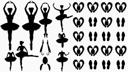 Silhouette images showing ballerinas in various poses and foot prints in black and white illustration