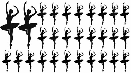 Silhouette pattern of ballerinas in various poses against a white background in a repeating arrangement