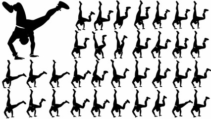 Silhouette representations of a person performing handstands in various poses and orientations repeated