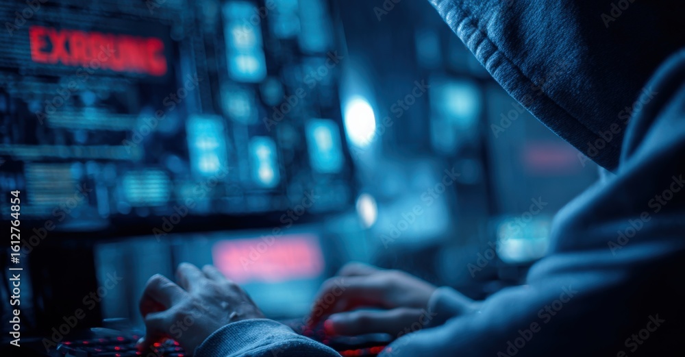 Poster person using a dark blue hoodie and typing on a computer keyboard engaging in cybersecurity or hacki