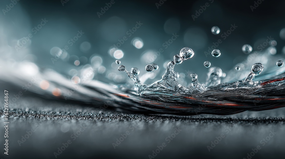 Poster close-up of water splash with dynamic droplets and ripples on surface in a dark background with shal