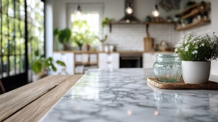 Marble countertop with decor sits in a bright, modern kitchen interior space. Use as background for recipes, product mockups or design related to home decor.