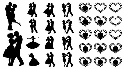 Silhouette couples dancing in various poses and decorative hearts arranged in rows in black and white
