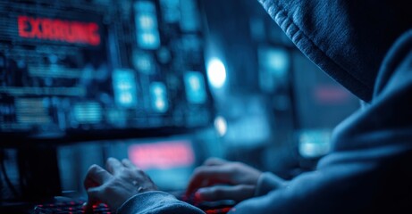 Person using a dark blue hoodie and typing on a computer keyboard engaging in cybersecurity or hacking activities in a high-tech digital environment at night