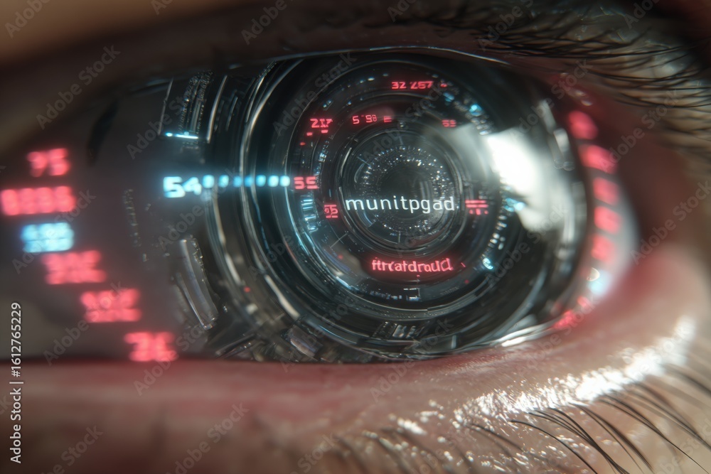 Poster highly detailed close-up of a futuristic digital eye with scanning interface showing holographic dat