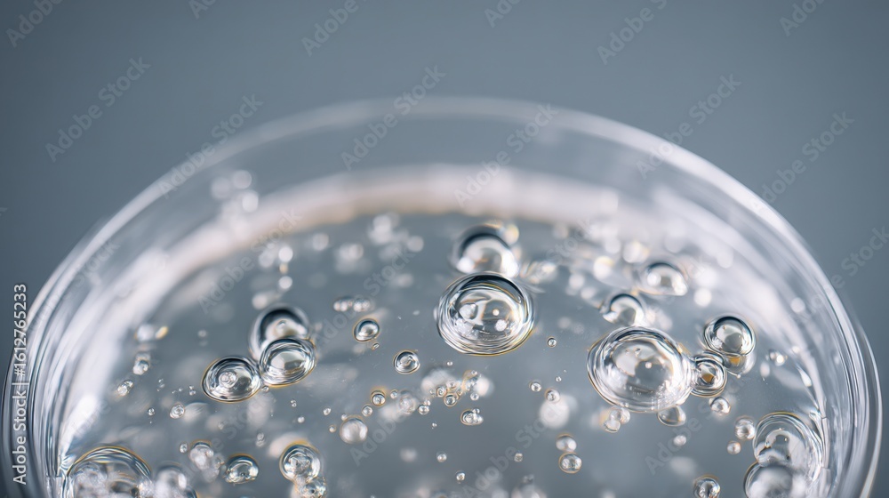 Poster close-up of bubbling clear liquid in a glass container with tiny spherical bubbles creating a dynami