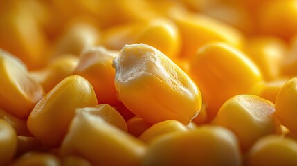 Close-up of bright yellow corn kernels scattered with some partially peeled kernel showing inner flesh for fresh organic food and healthy diet themes