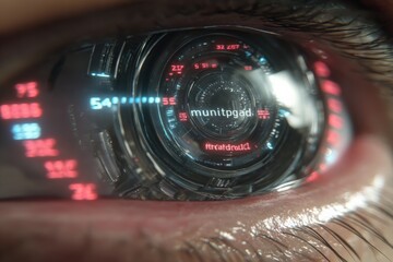 Highly detailed close-up of a futuristic digital eye with scanning interface showing holographic data and advanced technology elements