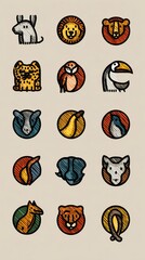 Colorful animal icons showcasing various species in a playful arrangement for educational or decorative purposes