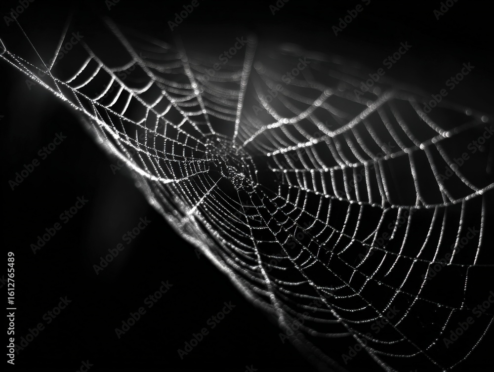 Poster close-up of a detailed spider web illuminated in darkness showing intricate patterns and fine silk t