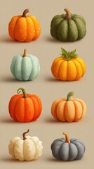 Colorful assorted pumpkins displayed on a plain background, showcasing different varieties and textures in autumn hues