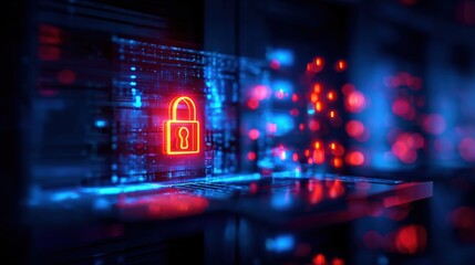 Futuristic digital security concept with glowing padlock icon surrounded by data streams and digital data visualizations in a high-tech environment
