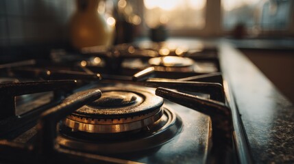 Obraz premium Close-up view of a modern gas stove burner with metal grates in a cozy kitchen du golden hour lighting