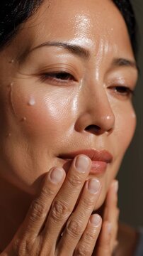 Elegant portrait of an Asian mature woman with glowing skin and natural make-up. Perfect for beauty, skincare, and cosmetics promotions, showcasing high-quality and natural beauty concepts. 