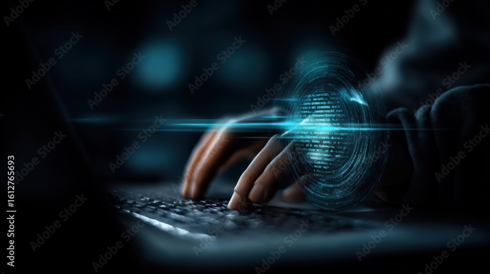 Poster futuristic digital fingerprint scanning biometric technology with holographic interface in a dark hi