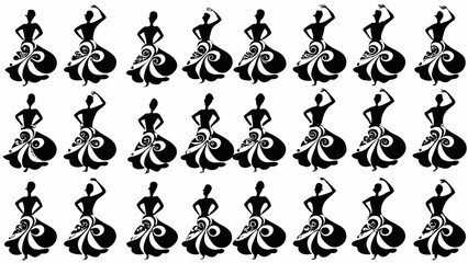 Silhouetted dancers in ornate dresses arranged in rows and columns in a black and white illustration
